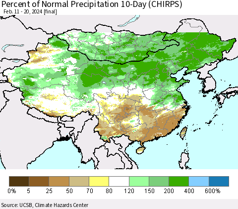 China, Mongolia and Taiwan Percent of Normal Precipitation 10-Day (CHIRPS) Thematic Map For 2/11/2024 - 2/20/2024