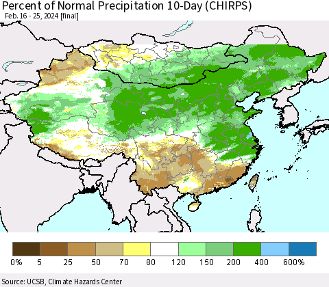 China, Mongolia and Taiwan Percent of Normal Precipitation 10-Day (CHIRPS) Thematic Map For 2/16/2024 - 2/25/2024