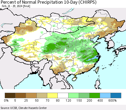 China, Mongolia and Taiwan Percent of Normal Precipitation 10-Day (CHIRPS) Thematic Map For 2/21/2024 - 2/29/2024