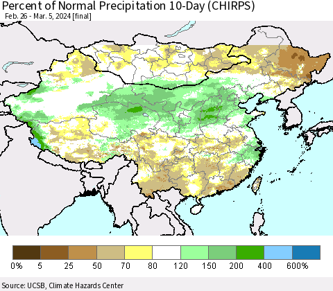 China, Mongolia and Taiwan Percent of Normal Precipitation 10-Day (CHIRPS) Thematic Map For 2/26/2024 - 3/5/2024