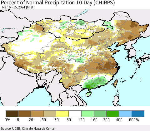 China, Mongolia and Taiwan Percent of Normal Precipitation 10-Day (CHIRPS) Thematic Map For 3/6/2024 - 3/15/2024