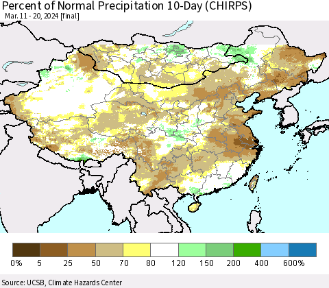 China, Mongolia and Taiwan Percent of Normal Precipitation 10-Day (CHIRPS) Thematic Map For 3/11/2024 - 3/20/2024
