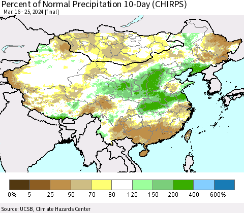 China, Mongolia and Taiwan Percent of Normal Precipitation 10-Day (CHIRPS) Thematic Map For 3/16/2024 - 3/25/2024