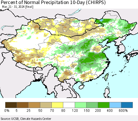 China, Mongolia and Taiwan Percent of Normal Precipitation 10-Day (CHIRPS) Thematic Map For 3/21/2024 - 3/31/2024