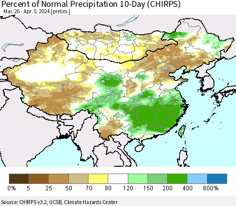 China, Mongolia and Taiwan Percent of Normal Precipitation 10-Day (CHIRPS) Thematic Map For 3/26/2024 - 4/5/2024