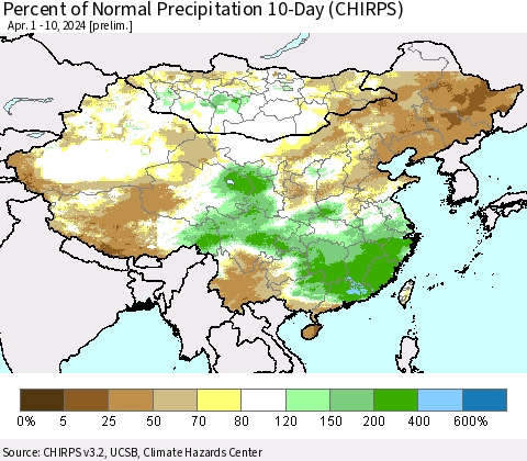 China, Mongolia and Taiwan Percent of Normal Precipitation 10-Day (CHIRPS) Thematic Map For 4/1/2024 - 4/10/2024