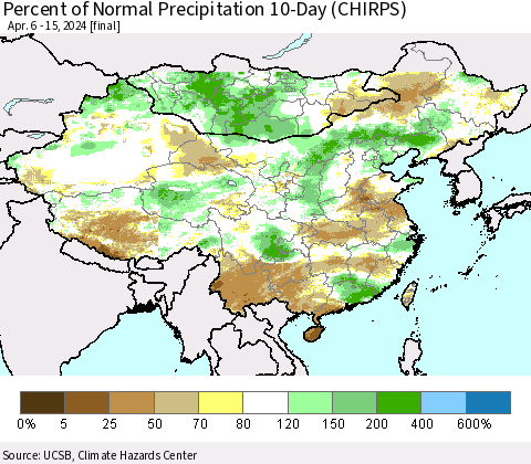 China, Mongolia and Taiwan Percent of Normal Precipitation 10-Day (CHIRPS) Thematic Map For 4/6/2024 - 4/15/2024
