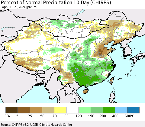 China, Mongolia and Taiwan Percent of Normal Precipitation 10-Day (CHIRPS) Thematic Map For 4/11/2024 - 4/20/2024