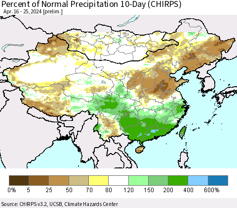 China, Mongolia and Taiwan Percent of Normal Precipitation 10-Day (CHIRPS) Thematic Map For 4/16/2024 - 4/25/2024