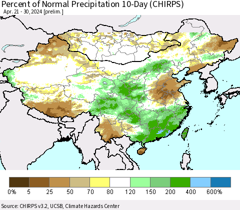 China, Mongolia and Taiwan Percent of Normal Precipitation 10-Day (CHIRPS) Thematic Map For 4/21/2024 - 4/30/2024