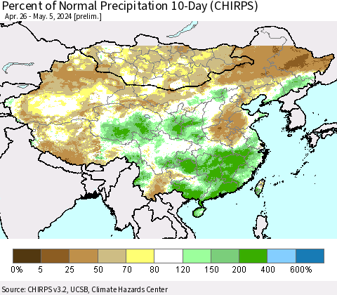 China, Mongolia and Taiwan Percent of Normal Precipitation 10-Day (CHIRPS) Thematic Map For 4/26/2024 - 5/5/2024