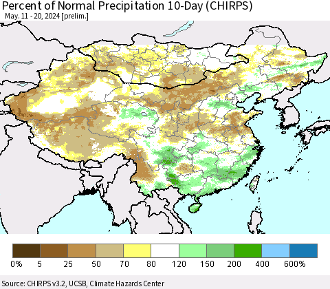 China, Mongolia and Taiwan Percent of Normal Precipitation 10-Day (CHIRPS) Thematic Map For 5/11/2024 - 5/20/2024