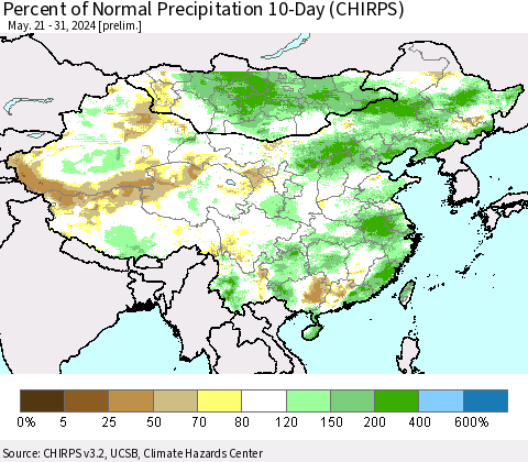 China, Mongolia and Taiwan Percent of Normal Precipitation 10-Day (CHIRPS) Thematic Map For 5/21/2024 - 5/31/2024