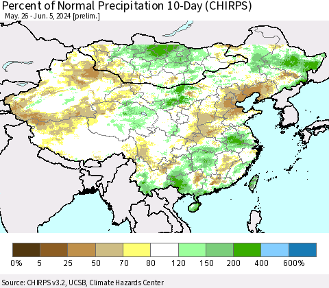 China, Mongolia and Taiwan Percent of Normal Precipitation 10-Day (CHIRPS) Thematic Map For 5/26/2024 - 6/5/2024