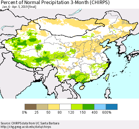 China and Taiwan Percent of Normal Precipitation 3-Month (CHIRPS) Thematic Map For 1/6/2019 - 4/5/2019