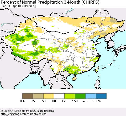 China and Taiwan Percent of Normal Precipitation 3-Month (CHIRPS) Thematic Map For 1/11/2019 - 4/10/2019