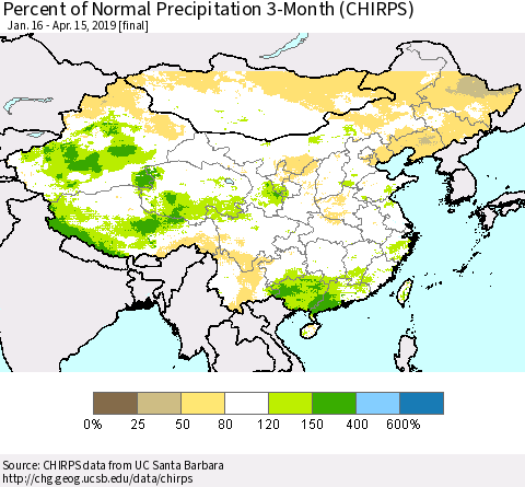 China and Taiwan Percent of Normal Precipitation 3-Month (CHIRPS) Thematic Map For 1/16/2019 - 4/15/2019