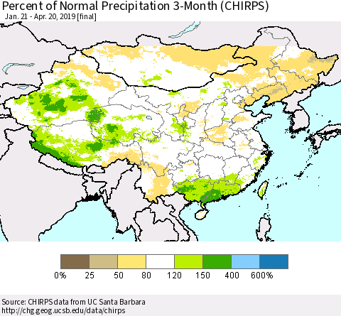 China, Mongolia and Taiwan Percent of Normal Precipitation 3-Month (CHIRPS) Thematic Map For 1/21/2019 - 4/20/2019