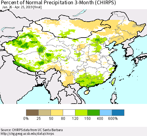 China and Taiwan Percent of Normal Precipitation 3-Month (CHIRPS) Thematic Map For 1/26/2019 - 4/25/2019