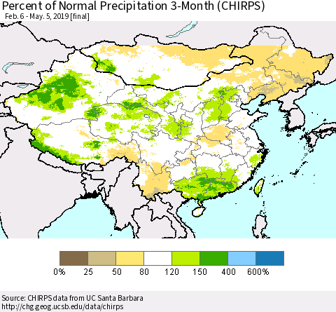 China and Taiwan Percent of Normal Precipitation 3-Month (CHIRPS) Thematic Map For 2/6/2019 - 5/5/2019