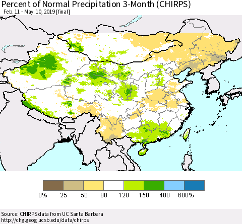 China and Taiwan Percent of Normal Precipitation 3-Month (CHIRPS) Thematic Map For 2/11/2019 - 5/10/2019