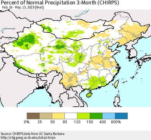 China and Taiwan Percent of Normal Precipitation 3-Month (CHIRPS) Thematic Map For 2/16/2019 - 5/15/2019