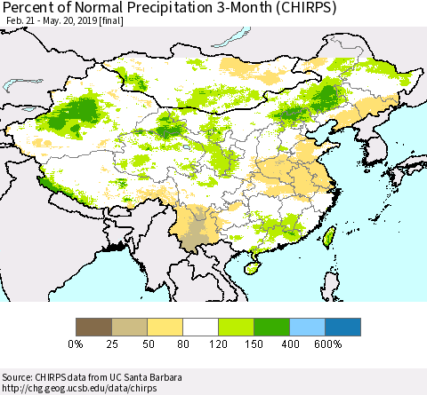 China, Mongolia and Taiwan Percent of Normal Precipitation 3-Month (CHIRPS) Thematic Map For 2/21/2019 - 5/20/2019