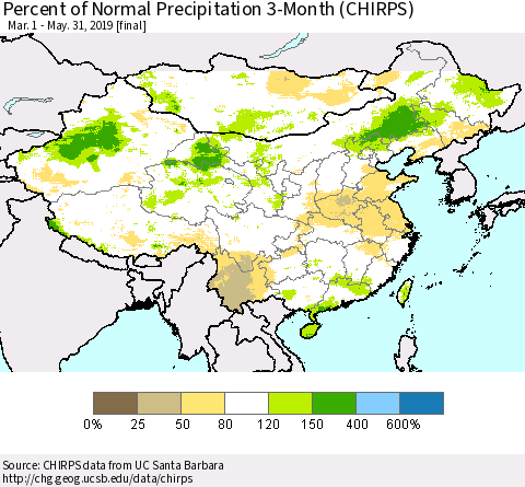 China and Taiwan Percent of Normal Precipitation 3-Month (CHIRPS) Thematic Map For 3/1/2019 - 5/31/2019