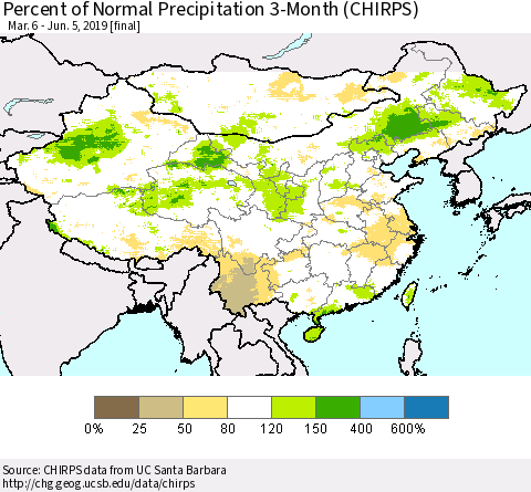 China and Taiwan Percent of Normal Precipitation 3-Month (CHIRPS) Thematic Map For 3/6/2019 - 6/5/2019