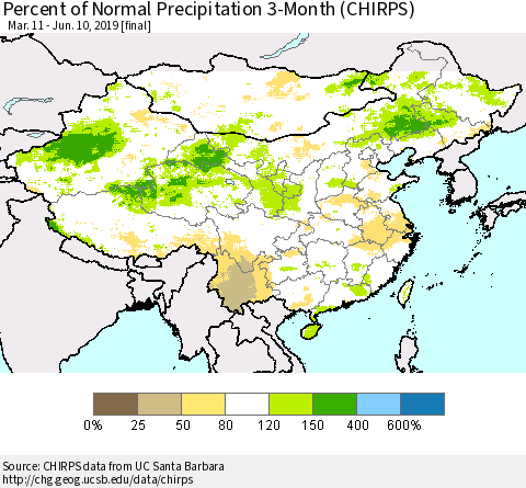 China and Taiwan Percent of Normal Precipitation 3-Month (CHIRPS) Thematic Map For 3/11/2019 - 6/10/2019