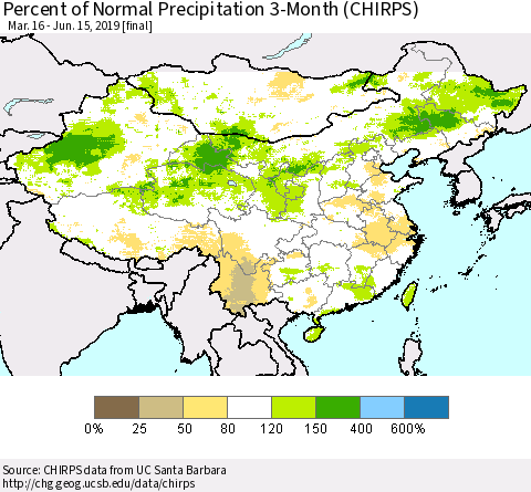 China and Taiwan Percent of Normal Precipitation 3-Month (CHIRPS) Thematic Map For 3/16/2019 - 6/15/2019