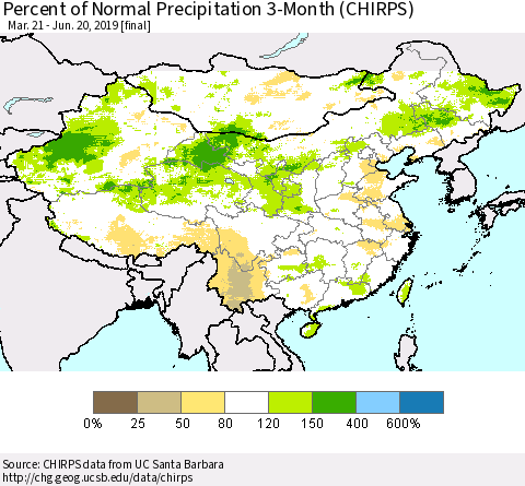 China and Taiwan Percent of Normal Precipitation 3-Month (CHIRPS) Thematic Map For 3/21/2019 - 6/20/2019