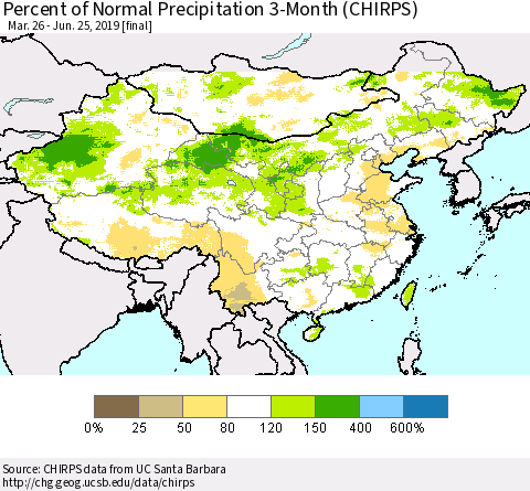 China and Taiwan Percent of Normal Precipitation 3-Month (CHIRPS) Thematic Map For 3/26/2019 - 6/25/2019