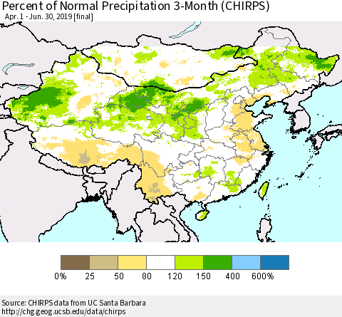 China and Taiwan Percent of Normal Precipitation 3-Month (CHIRPS) Thematic Map For 4/1/2019 - 6/30/2019