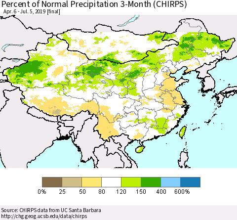 China and Taiwan Percent of Normal Precipitation 3-Month (CHIRPS) Thematic Map For 4/6/2019 - 7/5/2019