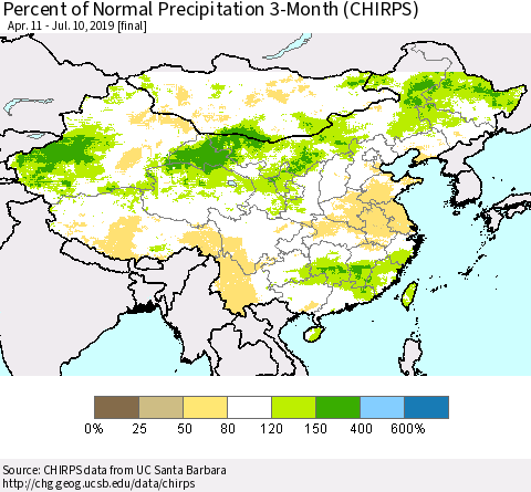 China and Taiwan Percent of Normal Precipitation 3-Month (CHIRPS) Thematic Map For 4/11/2019 - 7/10/2019