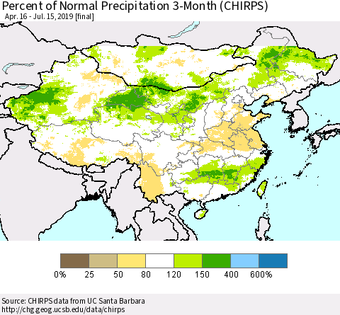 China and Taiwan Percent of Normal Precipitation 3-Month (CHIRPS) Thematic Map For 4/16/2019 - 7/15/2019