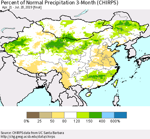 China and Taiwan Percent of Normal Precipitation 3-Month (CHIRPS) Thematic Map For 4/21/2019 - 7/20/2019