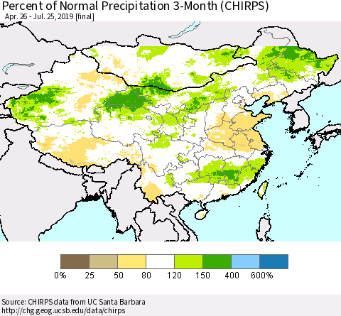 China and Taiwan Percent of Normal Precipitation 3-Month (CHIRPS) Thematic Map For 4/26/2019 - 7/25/2019