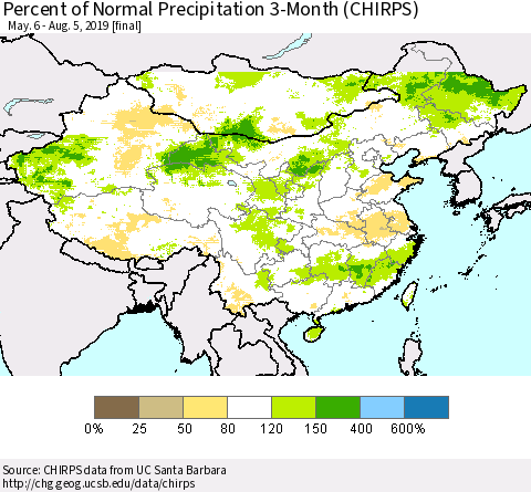 China and Taiwan Percent of Normal Precipitation 3-Month (CHIRPS) Thematic Map For 5/6/2019 - 8/5/2019