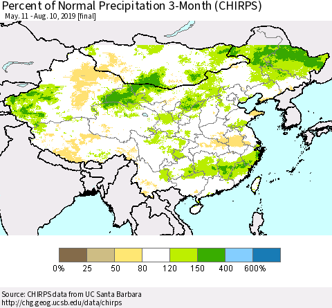 China and Taiwan Percent of Normal Precipitation 3-Month (CHIRPS) Thematic Map For 5/11/2019 - 8/10/2019