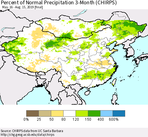 China and Taiwan Percent of Normal Precipitation 3-Month (CHIRPS) Thematic Map For 5/16/2019 - 8/15/2019