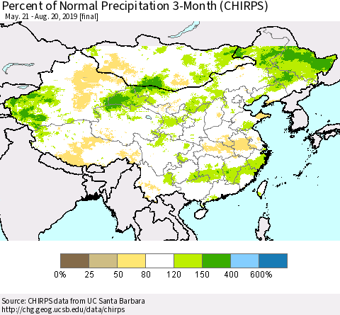 China and Taiwan Percent of Normal Precipitation 3-Month (CHIRPS) Thematic Map For 5/21/2019 - 8/20/2019
