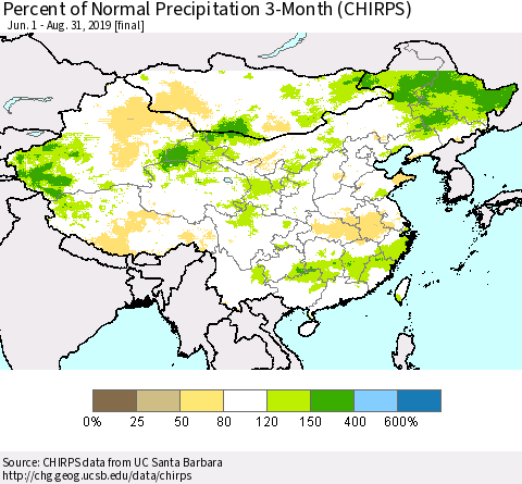 China and Taiwan Percent of Normal Precipitation 3-Month (CHIRPS) Thematic Map For 6/1/2019 - 8/31/2019