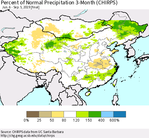 China and Taiwan Percent of Normal Precipitation 3-Month (CHIRPS) Thematic Map For 6/6/2019 - 9/5/2019