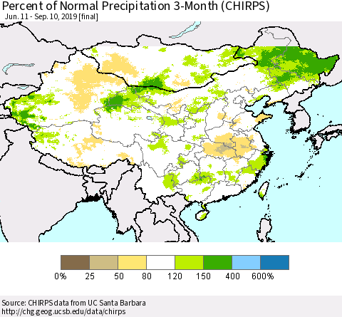 China and Taiwan Percent of Normal Precipitation 3-Month (CHIRPS) Thematic Map For 6/11/2019 - 9/10/2019