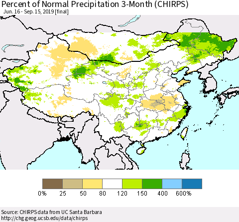 China and Taiwan Percent of Normal Precipitation 3-Month (CHIRPS) Thematic Map For 6/16/2019 - 9/15/2019