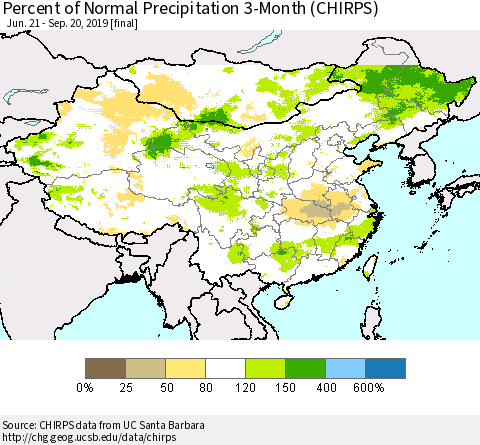 China and Taiwan Percent of Normal Precipitation 3-Month (CHIRPS) Thematic Map For 6/21/2019 - 9/20/2019