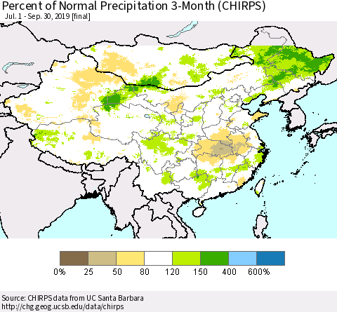 China and Taiwan Percent of Normal Precipitation 3-Month (CHIRPS) Thematic Map For 7/1/2019 - 9/30/2019
