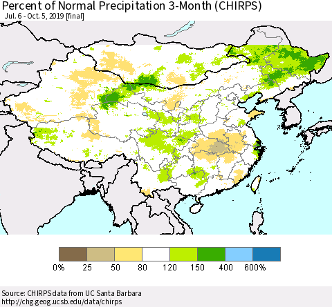 China, Mongolia and Taiwan Percent of Normal Precipitation 3-Month (CHIRPS) Thematic Map For 7/6/2019 - 10/5/2019